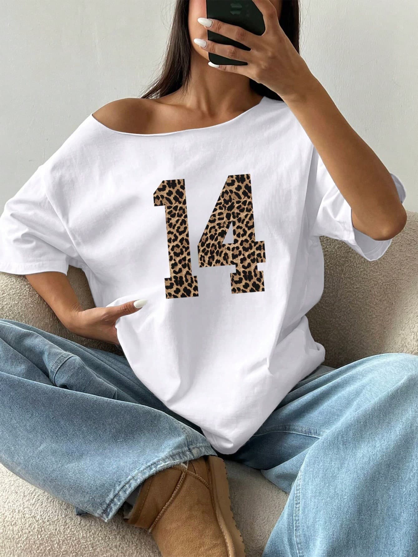 SHEIN MOOSTA Women Loose Leopard Print & '14' Graphic Oversized T-Shirt, Summer - Image 1