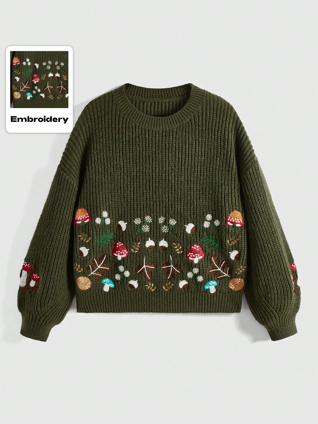 ROMWE Fairycore Plant Embroidery Pullover Sweater, School - Image 1