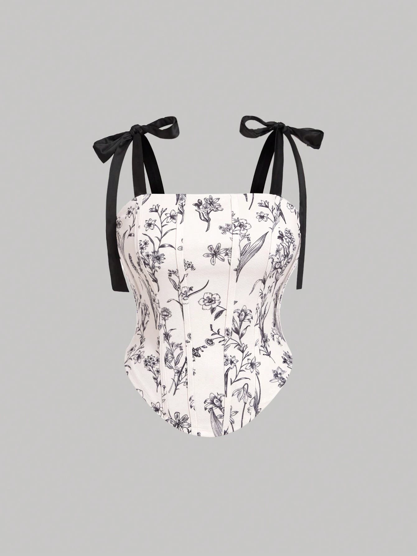 SHEIN MOD Plus Size Romantic Vintage Black & White Fishbone Print Cinched Waist Camisole - Image 1