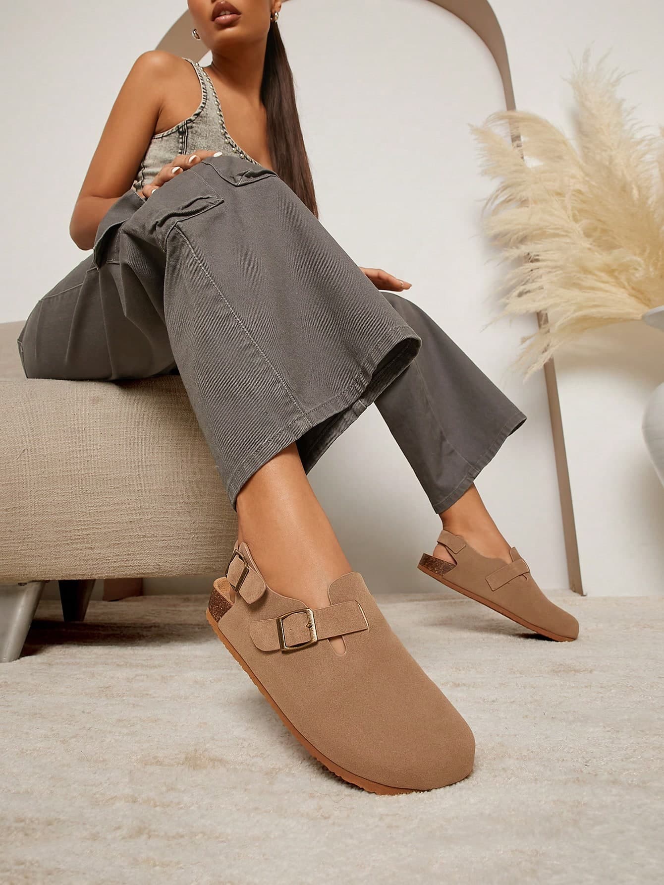 SHUZIA Women's Trendy Round Toe Cork Footbed Slide Clogs With Adjustable Buckle Strap - Image 1
