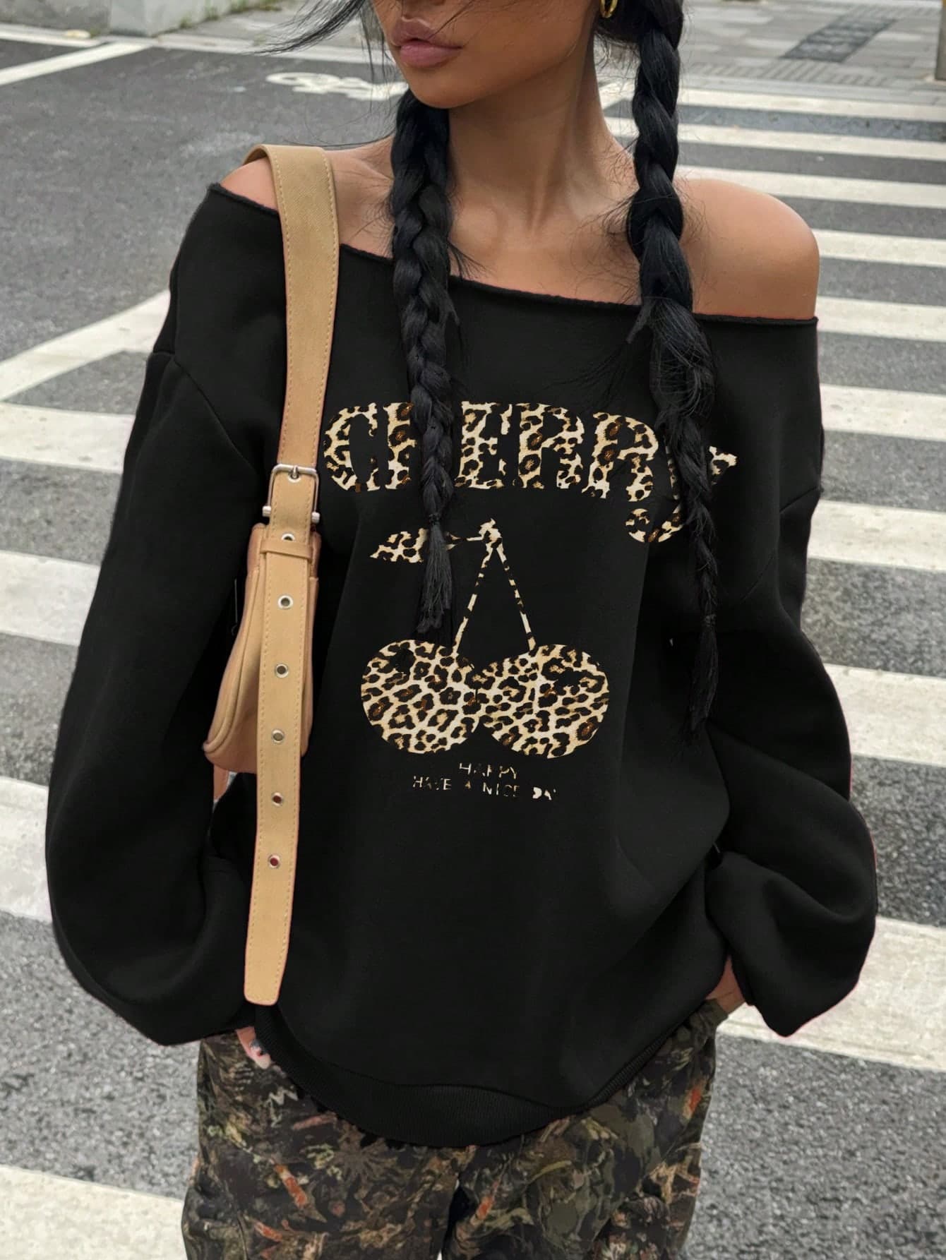 SHEIN Muchic Leopard And Cherry Printed Oversized Off-Shoulder Pullover Sweatshirt, Thick Fleece Lining, Autumn/Winter - Image 1