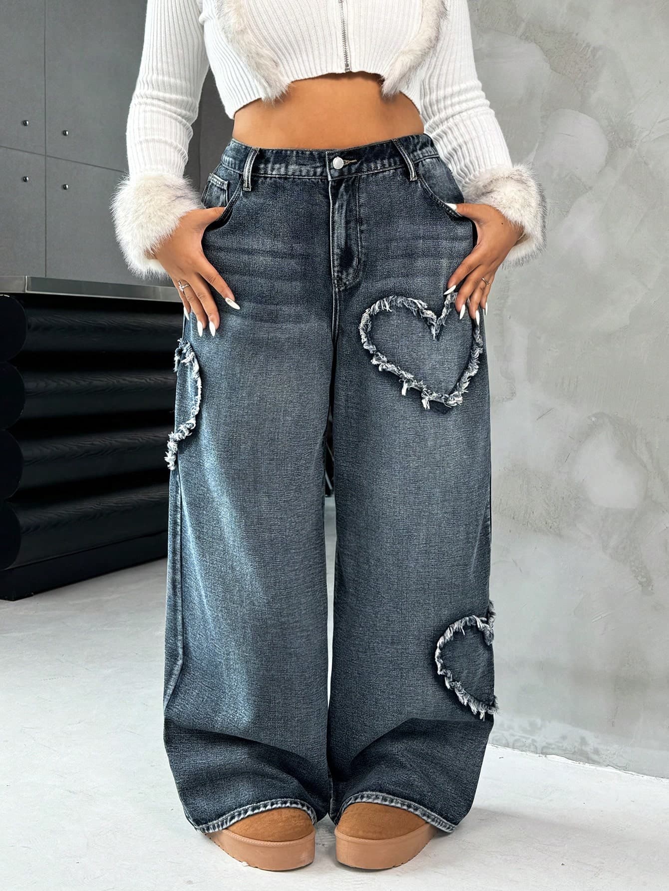 SHEIN ICON Plus Size Casual Blue Denim Jeans With Heart Design, Straight Leg - Image 1