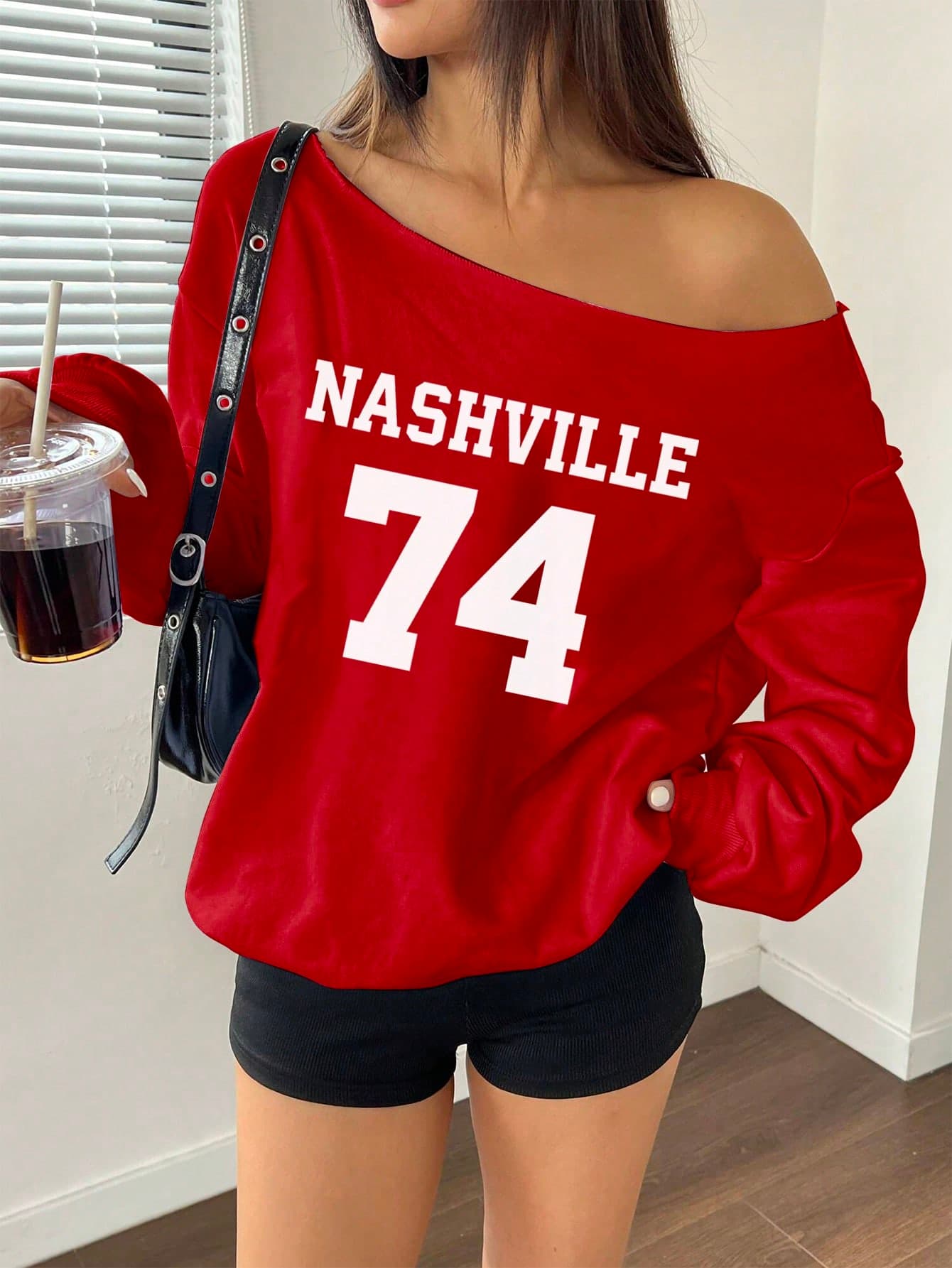 SHEIN EZwear 1pc Women's Oblique Shoulder Long Sleeve Letter Print Casual Top, Minimalist Style For Daily Wear - Image 1