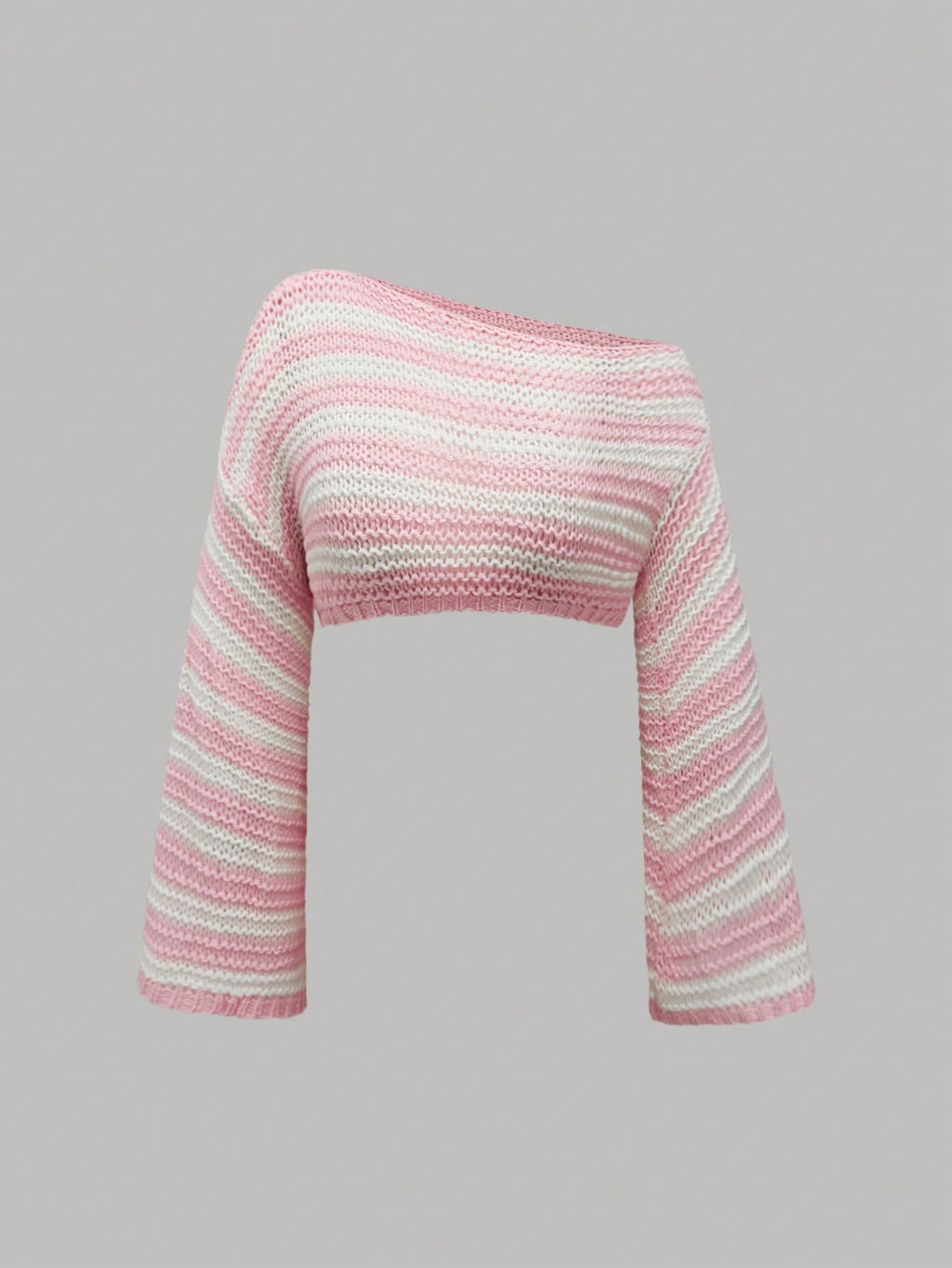 ROMWE Fairycore Plus Size Women Asymmetric Collar Drop Shoulder Long Sleeve Casual Striped Knit Sweater - Image 1