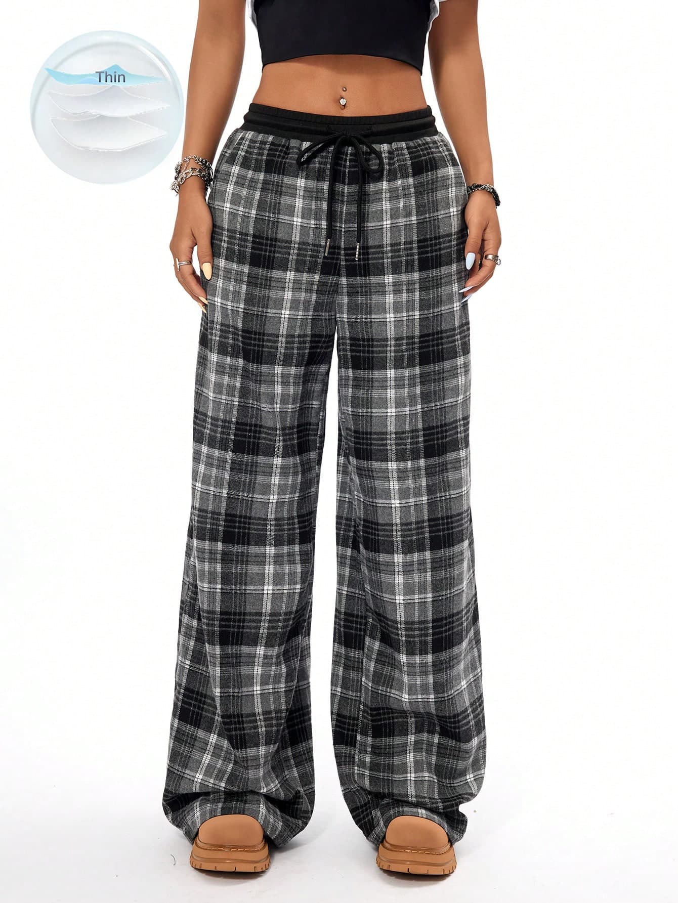 SHEIN Coolane Women Casual Loose Checked Wide Leg Pants With Black And White Patchwork Design And Textured Feel - Image 1