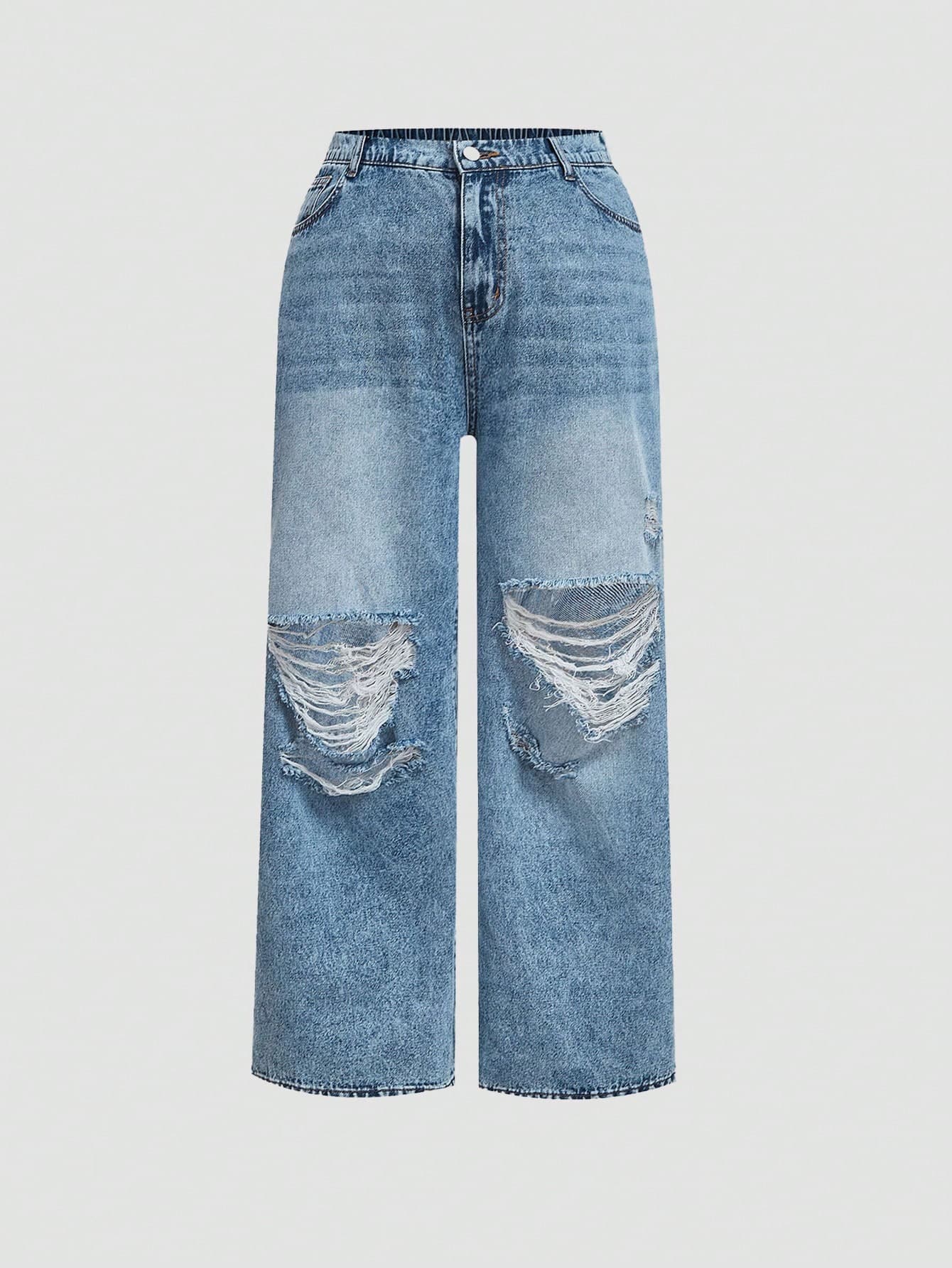 SHEIN MOD Plus Size Women Casual Loose Fit Wide Leg Distressed Jeans, Blue - Image 1