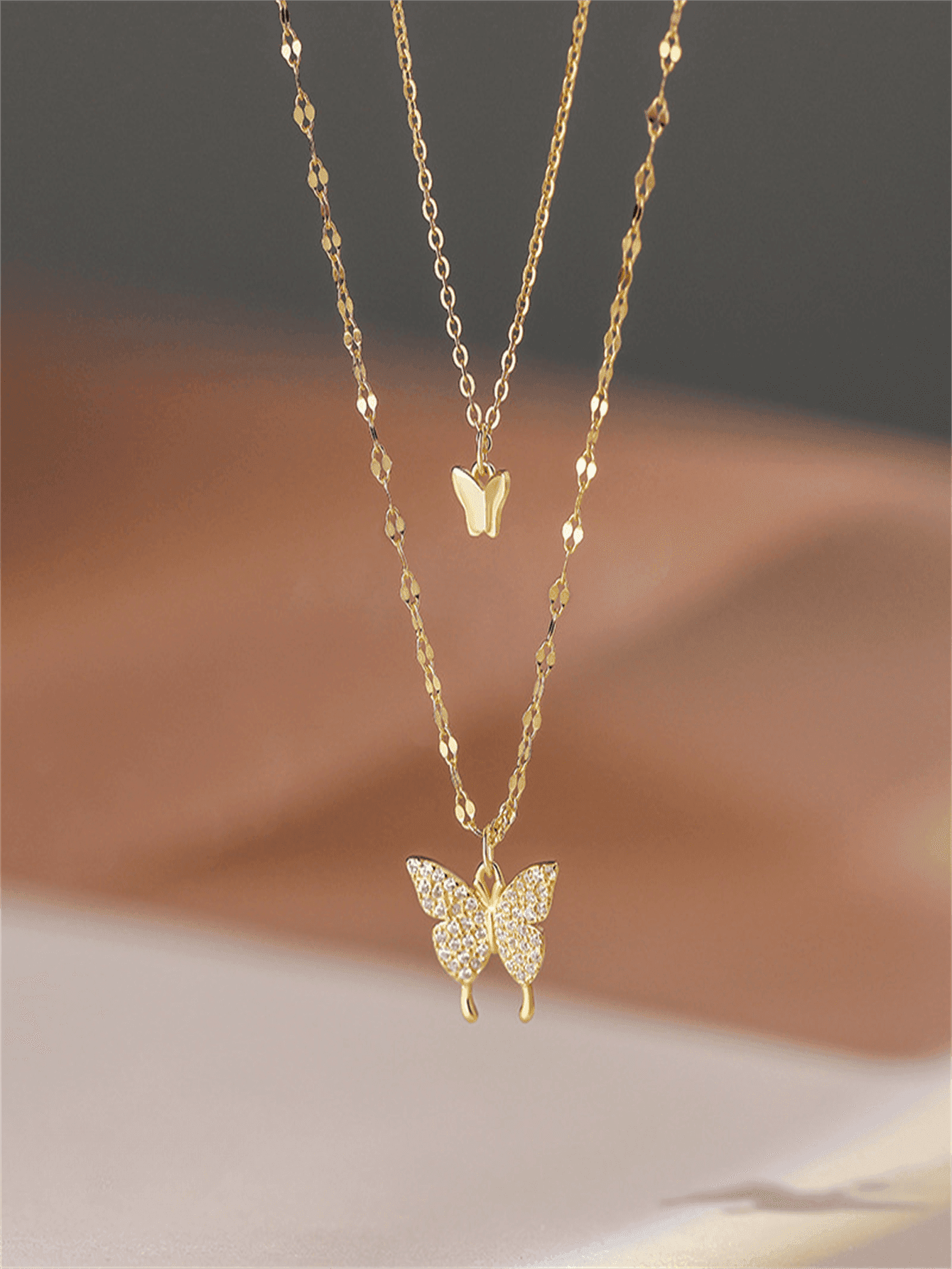 1pc Double-Layered Gold-Tone Butterfly Necklace With Rhinestones, Alloy Material, Perfect Gift For Girlfriend - Image 1