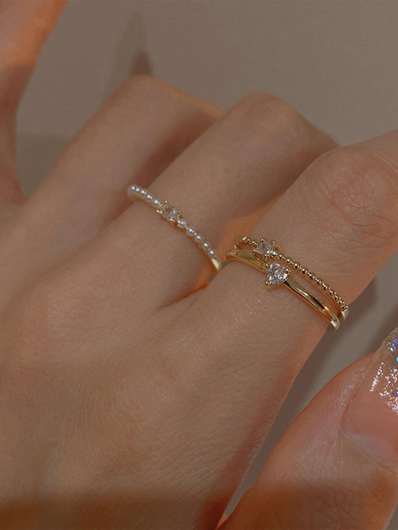 3pcs/Set Fashionable Cubic Zirconia Heart & Faux Pearl Decor Cuff Ring For Women For Daily Decoration - Image 1
