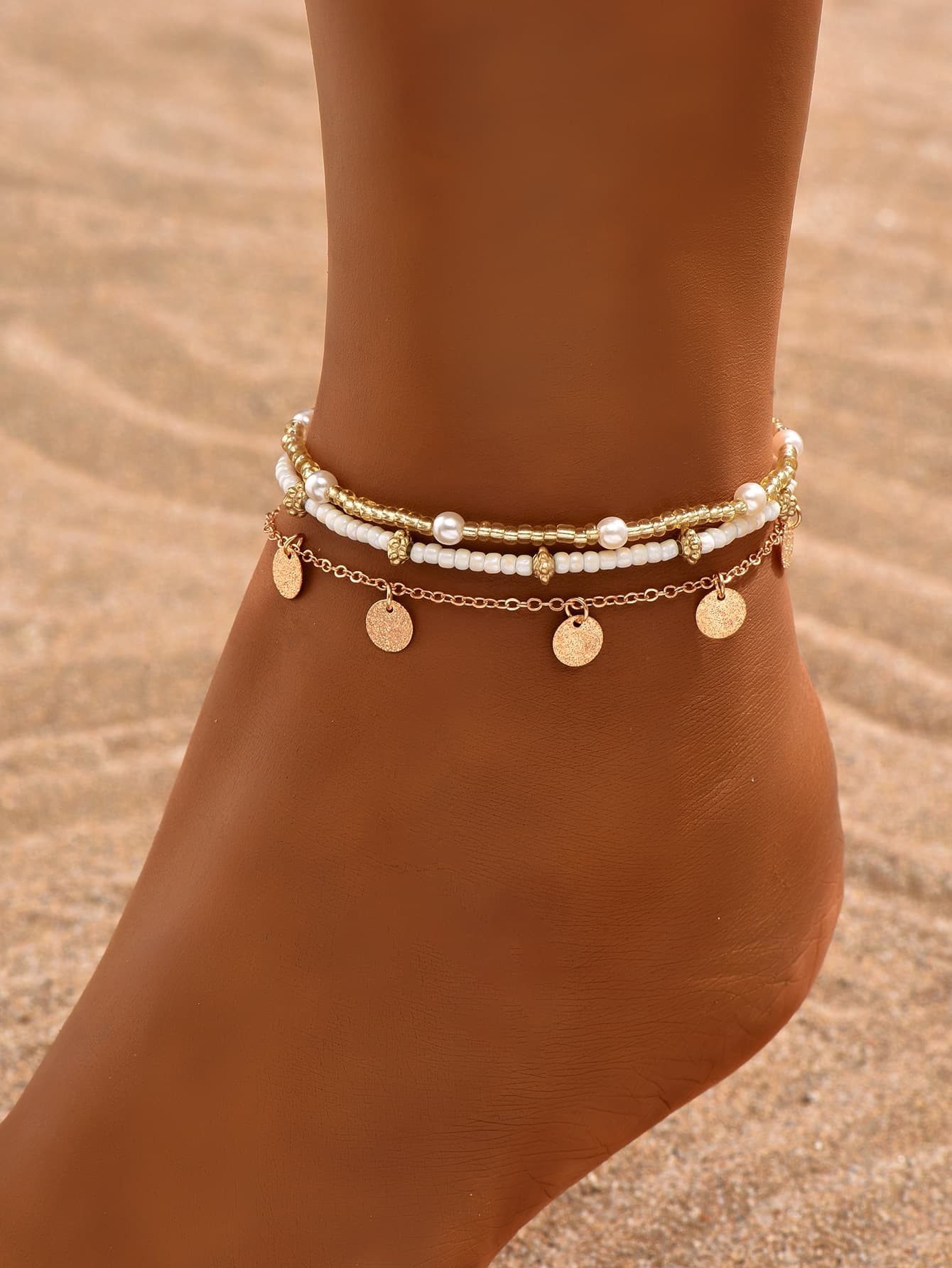 3pcs/set Simple Gold-tone Circular Pendant Tassel Beaded Anklet For Women, Suitable For Daily Wear And Vacation - Image 1