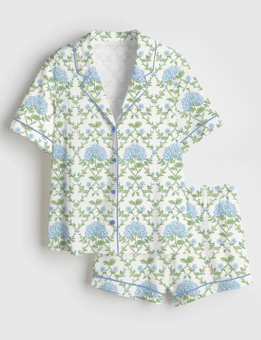 Women’s Blue And Green Hydrangea Short Sleeve Satin Pajama Set - Image 1