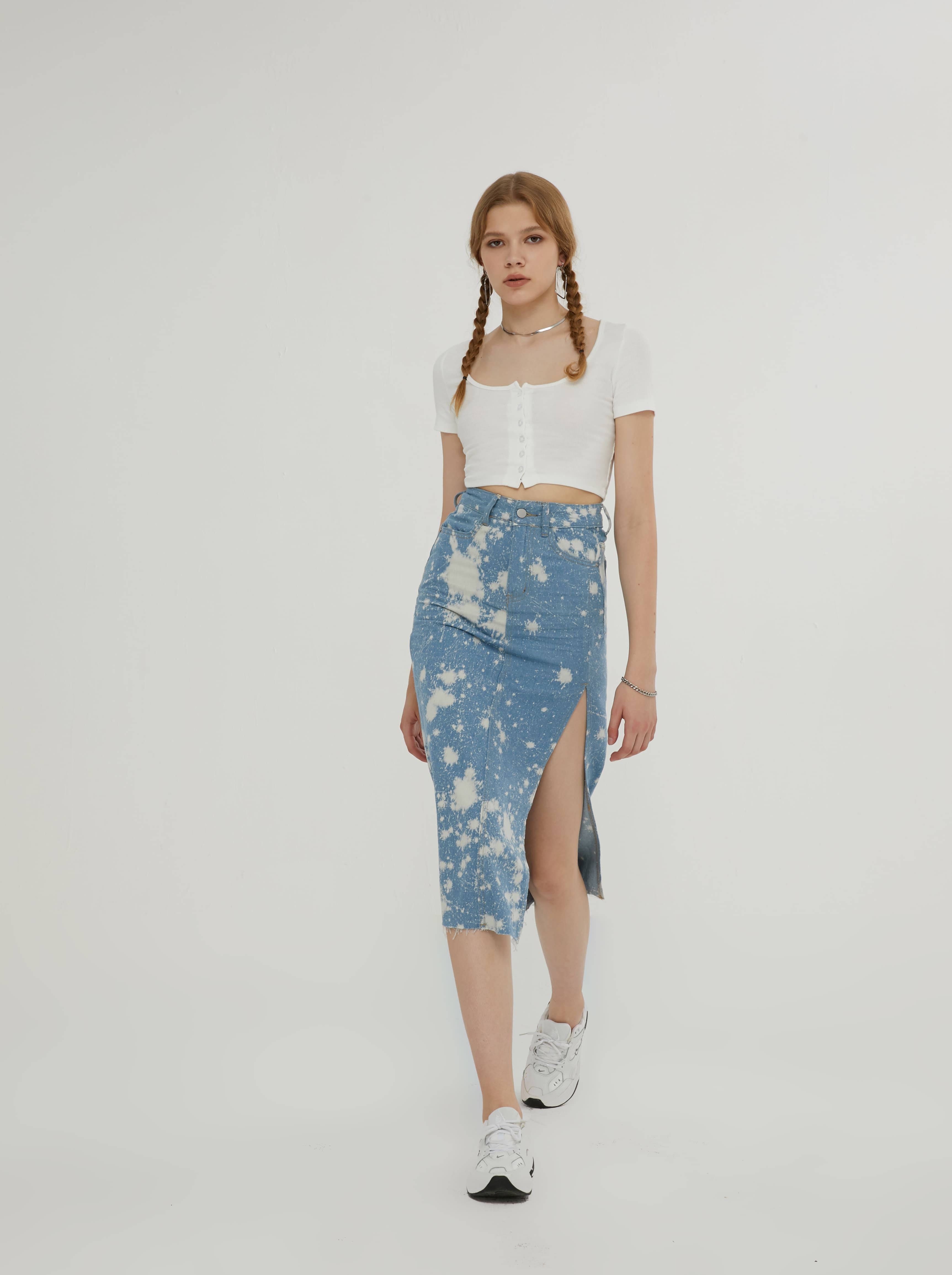 Tie Dye Denim Midi Skirt