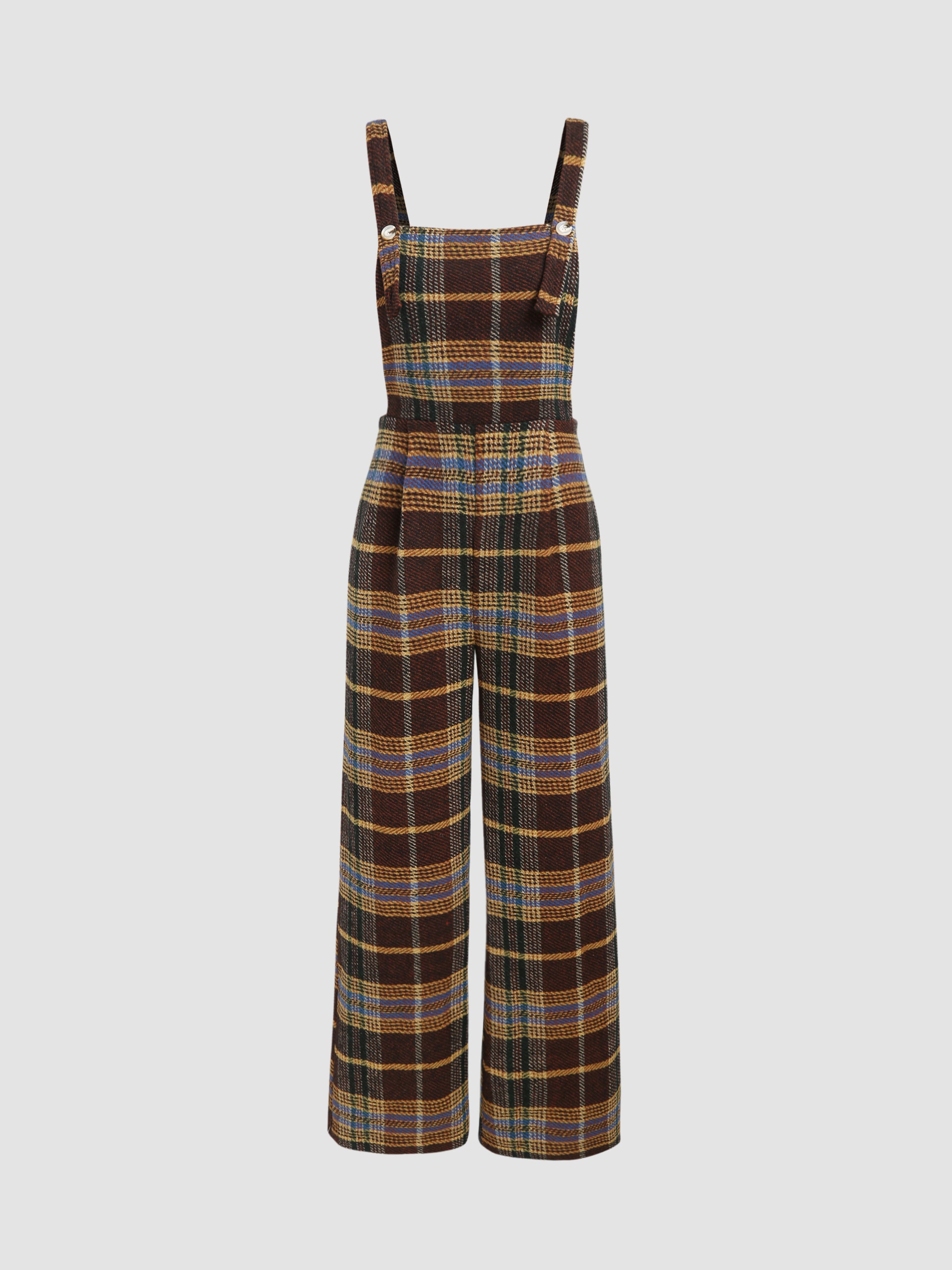 Tweed Plaid Button Up Wide Leg Jumpsuit - Image 1