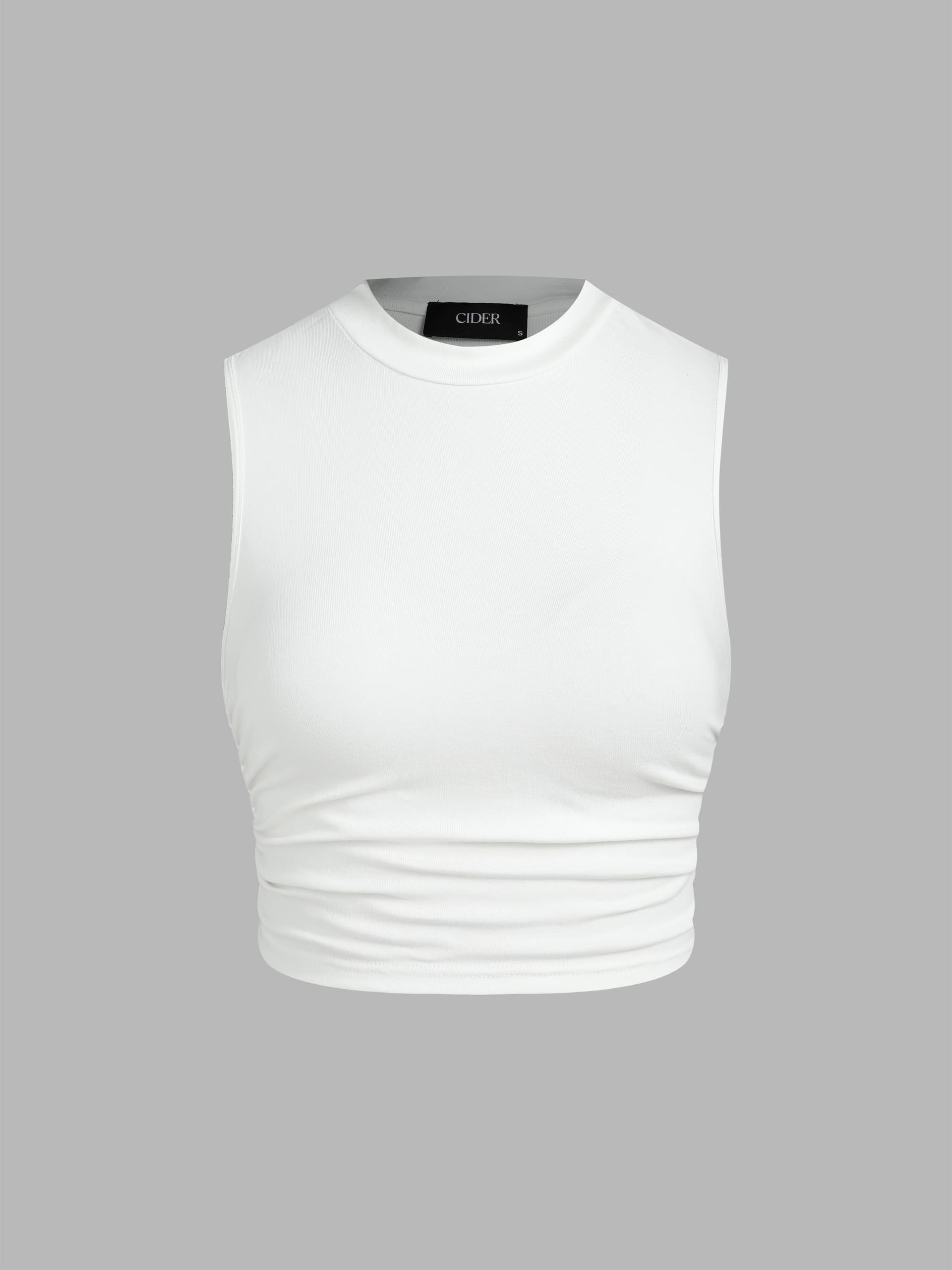 Round Neckline Solid Sleeveless Ruched Crop Top - Image 1