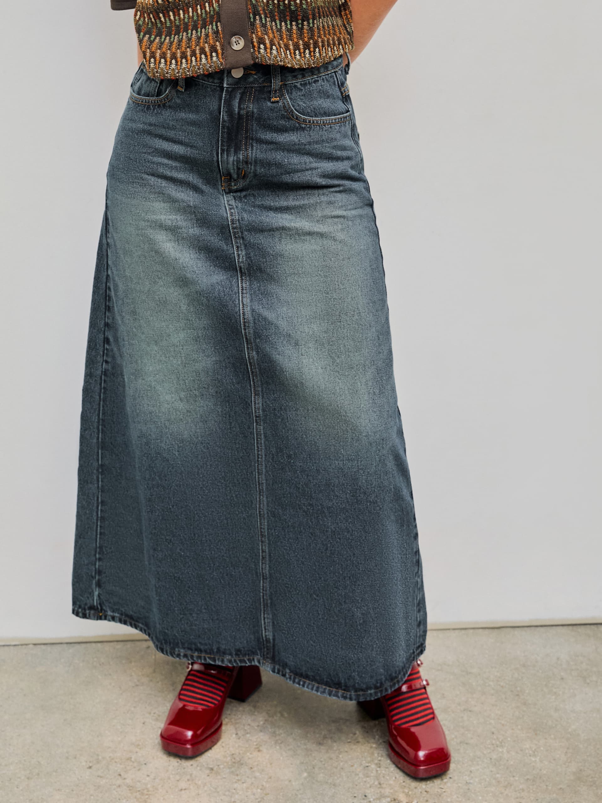 Denim Mid Waist Solid Pocket Maxi Skirt - Image 1