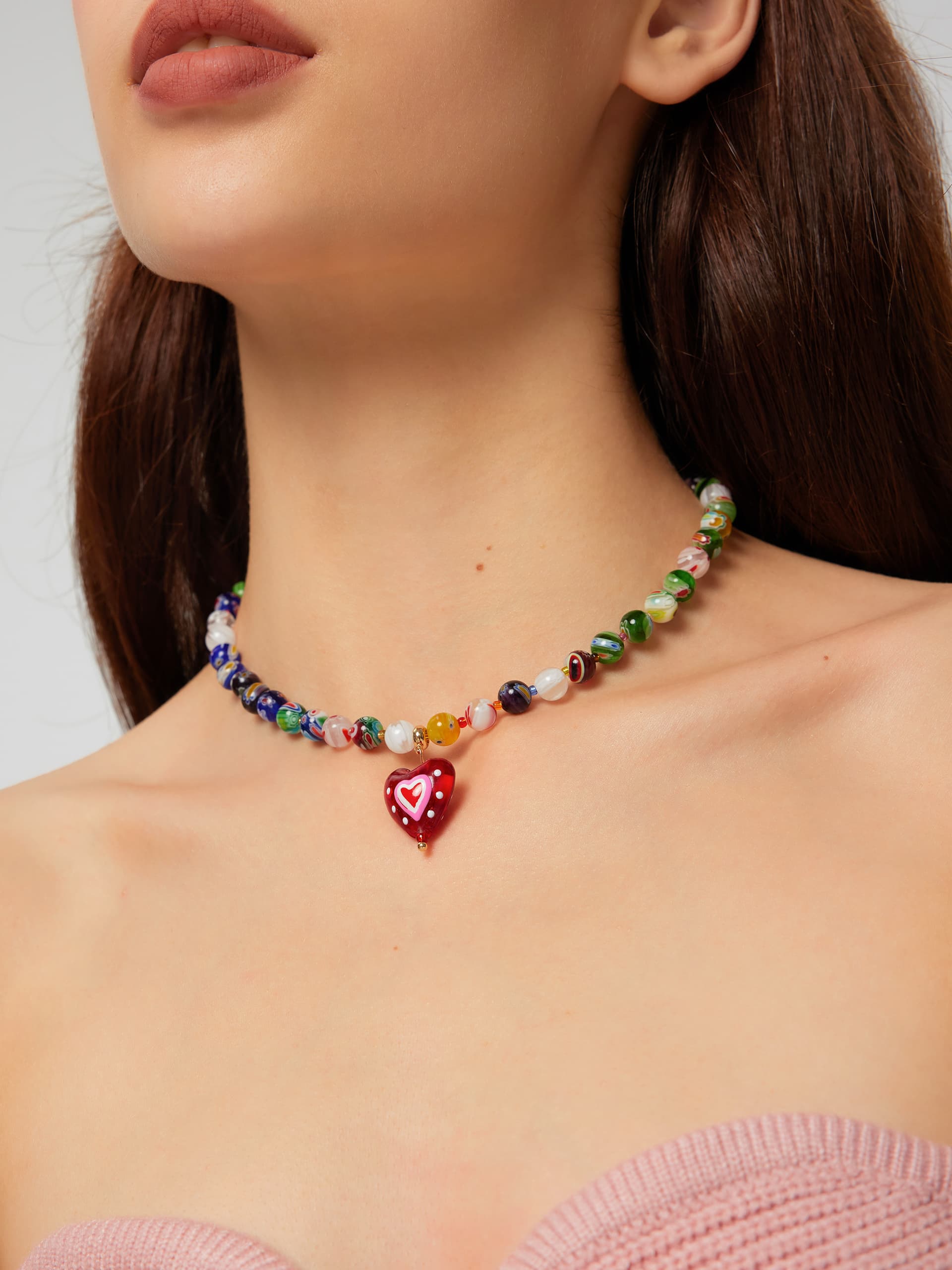 Glass Beaded Heart Decor Pendant Necklace - Image 1