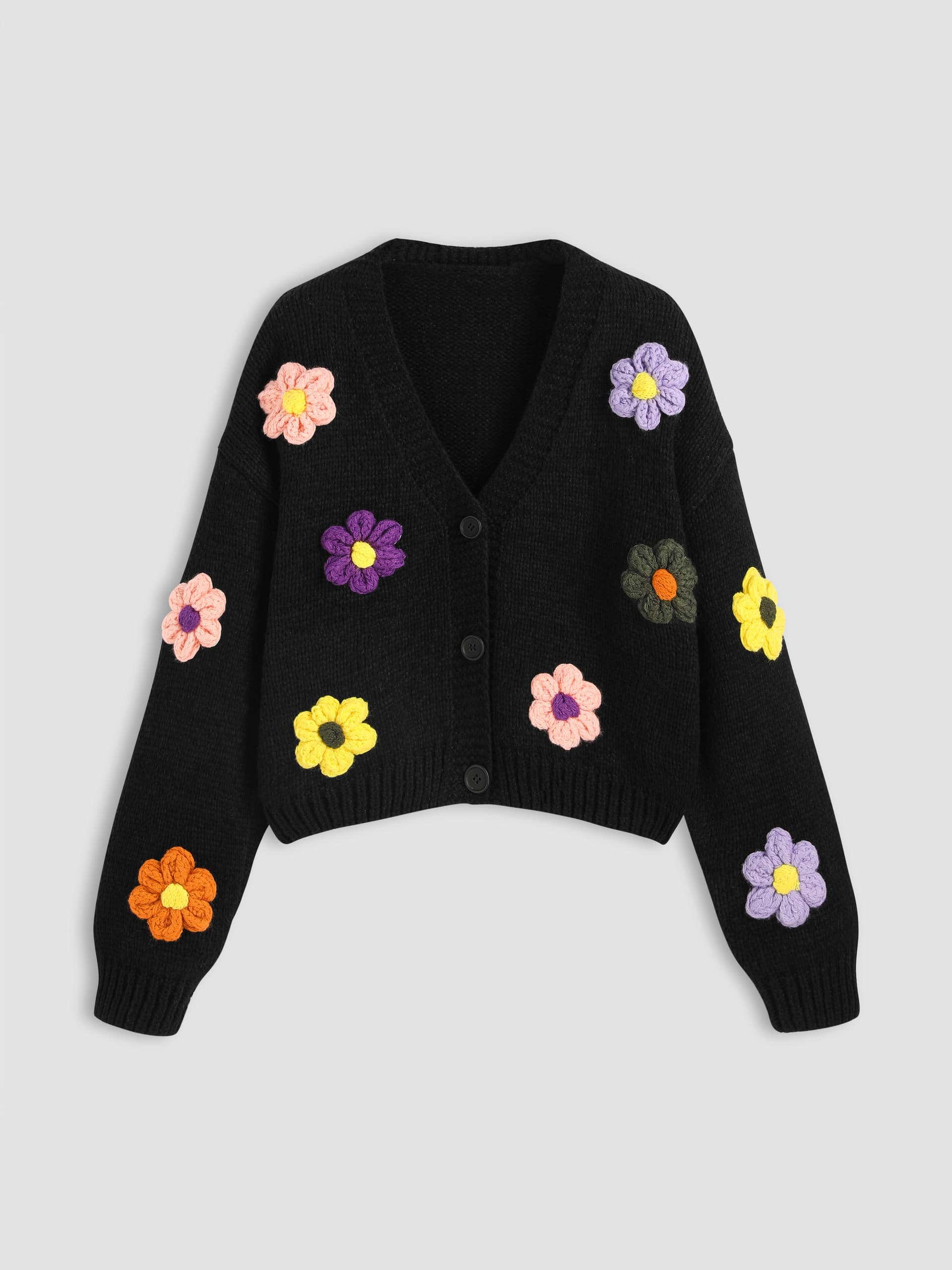 V-Ausschnitt Knopf Blumen Strickjacke thumbnail 8