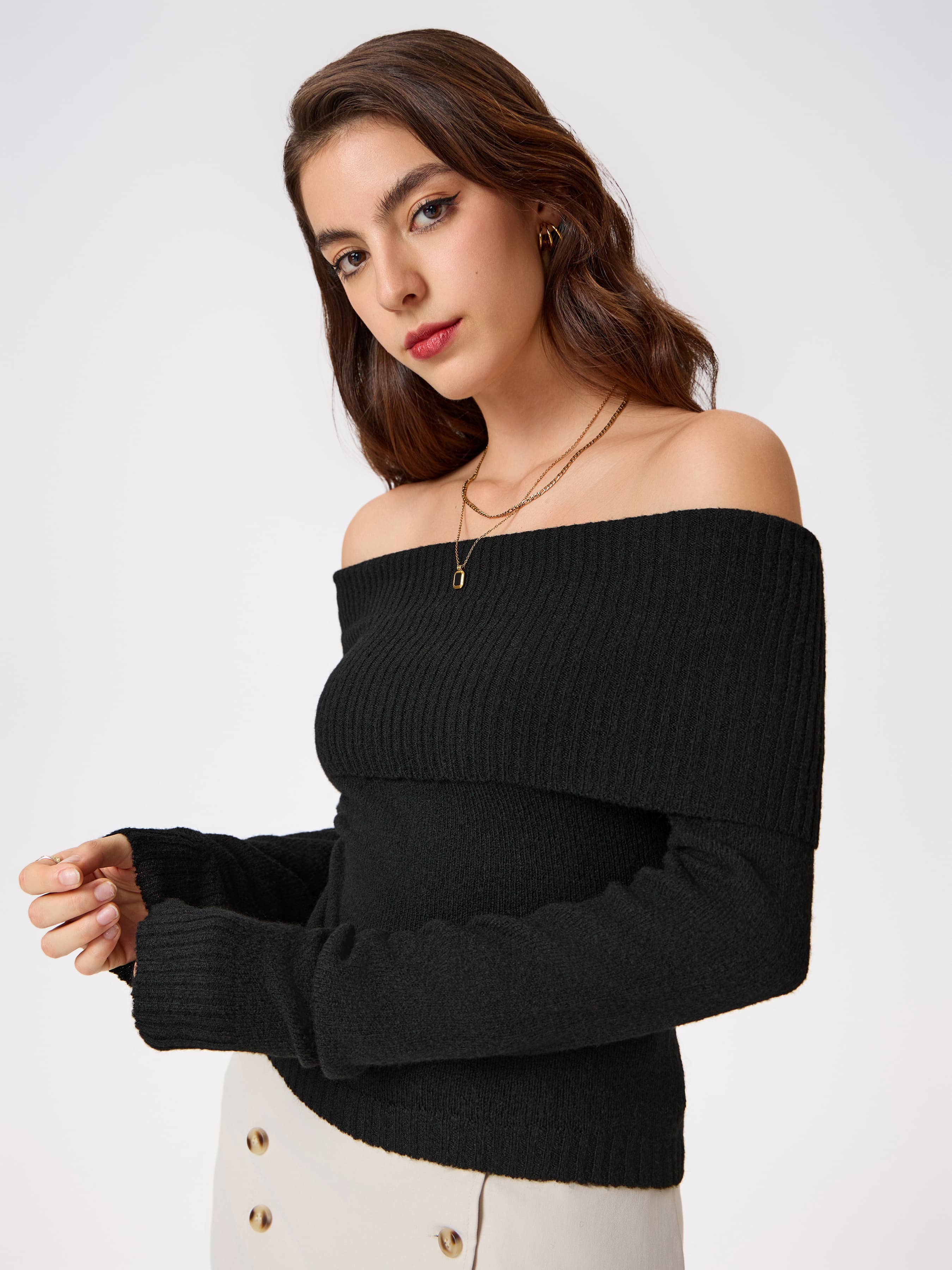 Off-shoulder Knitted Long Sleeve Top - Image 1