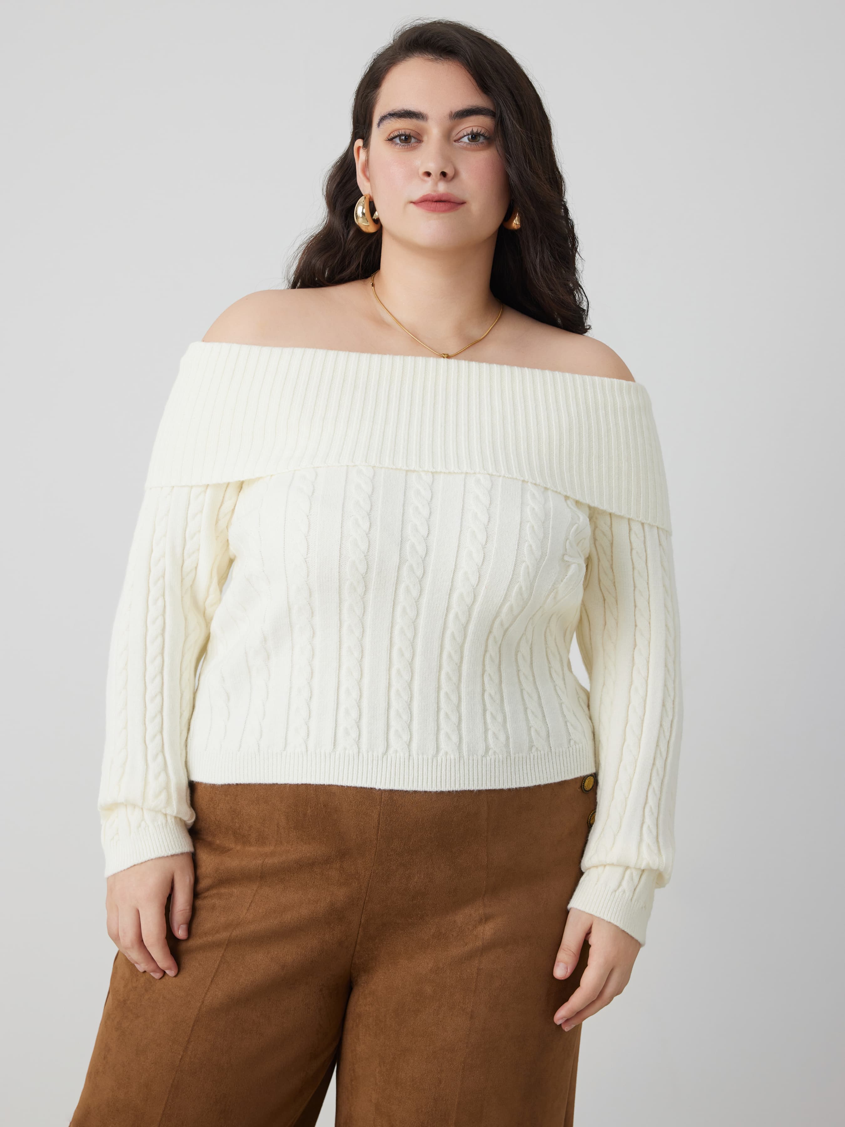 Cable Knit Off-shoulder Solid Long Sleeve Sweater Curve & Plus - Image 1