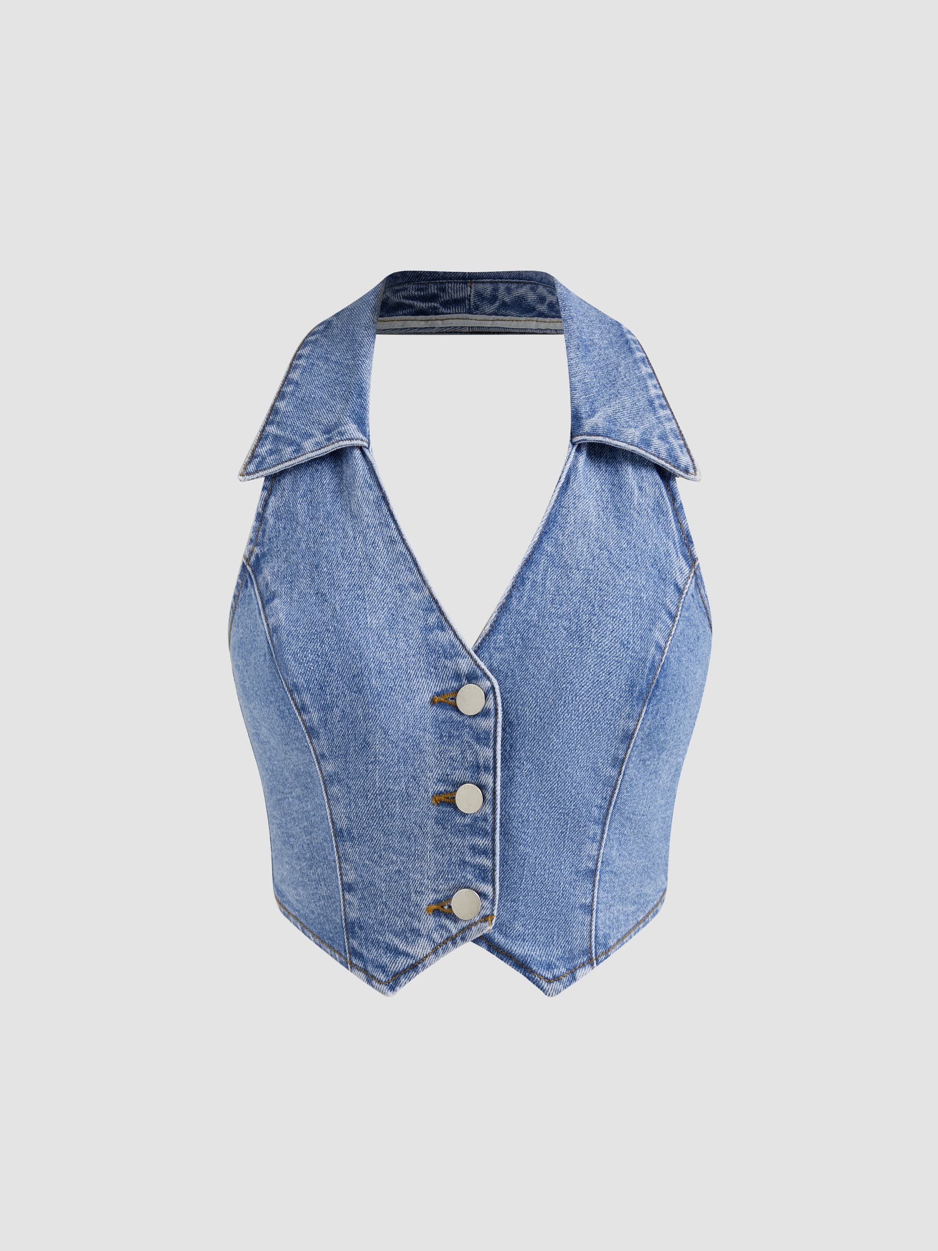 Denim V-neck Solid Button Halter Crop Top - Image 1