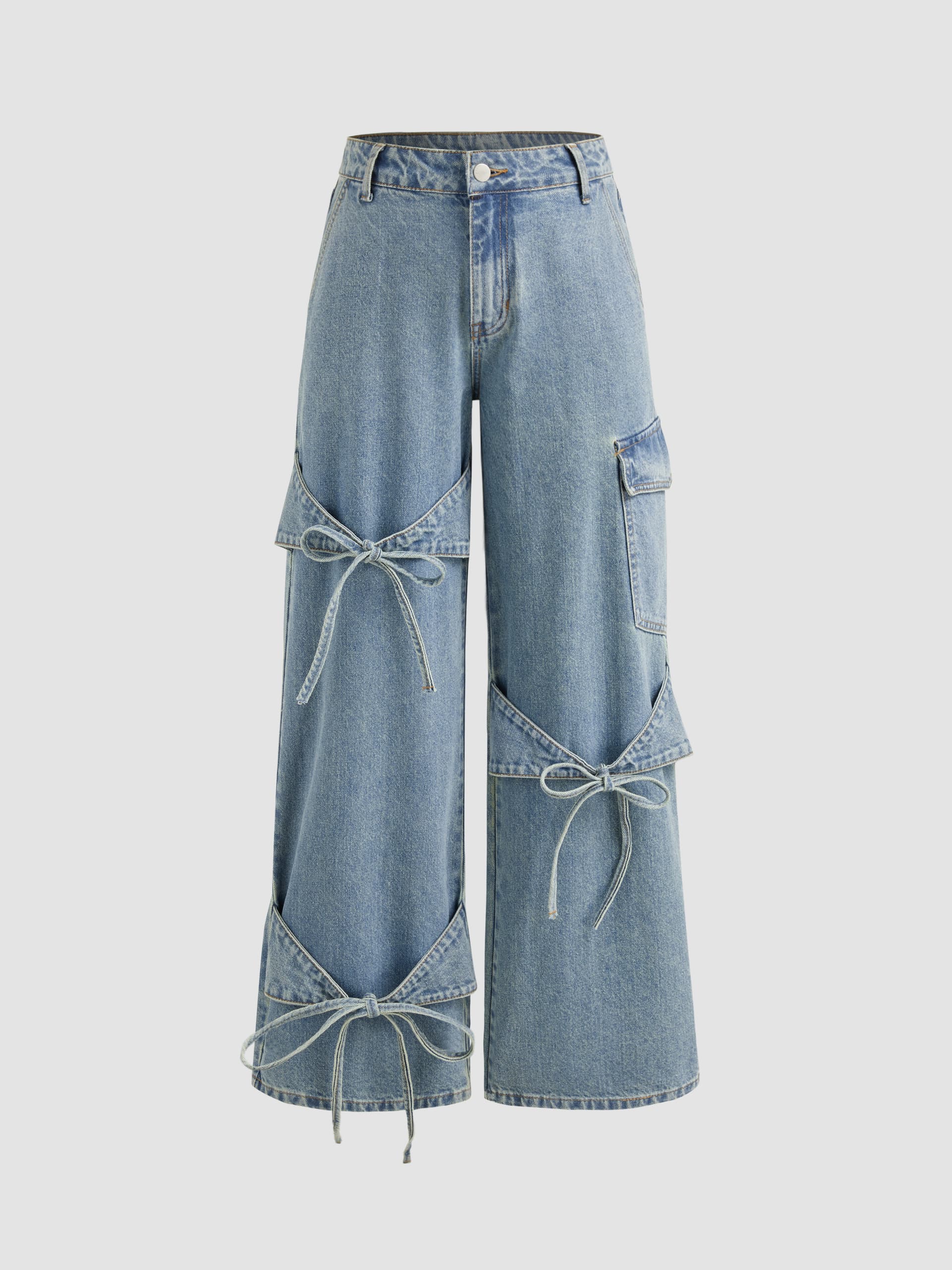 Cider Denim Low Rise Solid Bowknot Pocket Wide Leg Jeans - Image 1