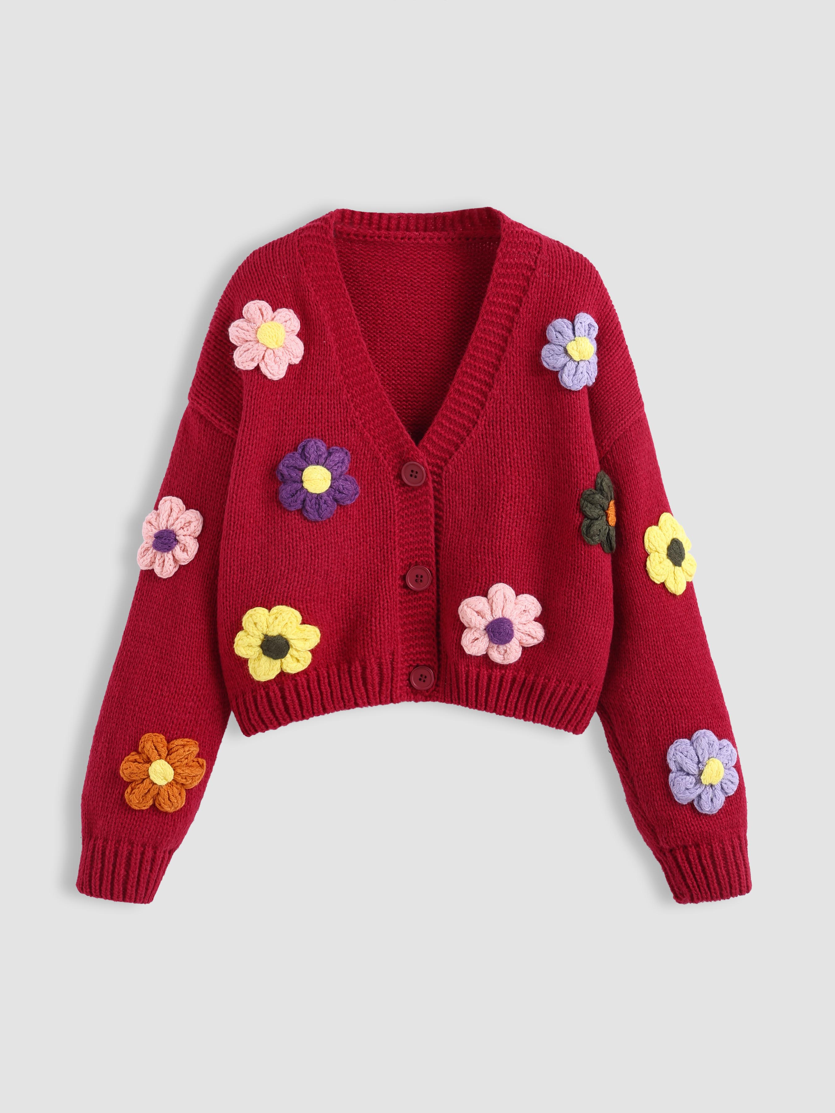 V-Ausschnitt Knopf Blumen Strickjacke thumbnail 4