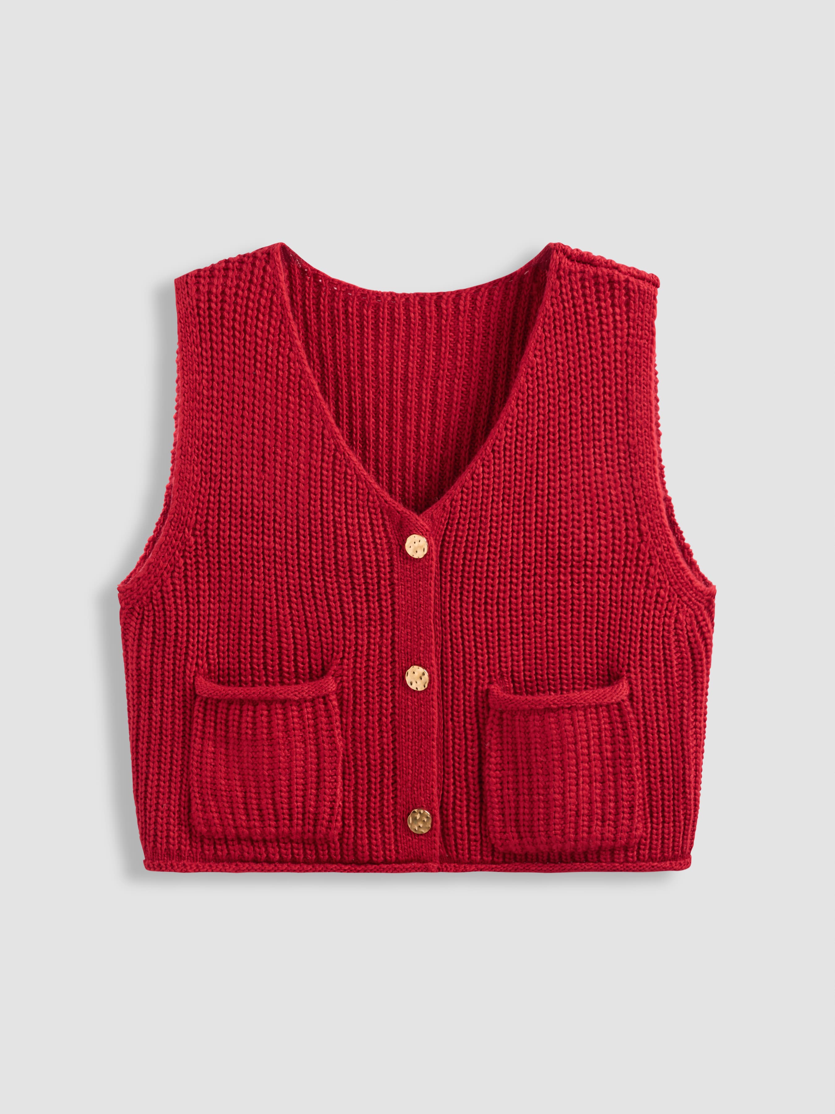 Knit V-neck Solid Button Pocket Crop Vest Curve & Plus - Image 1