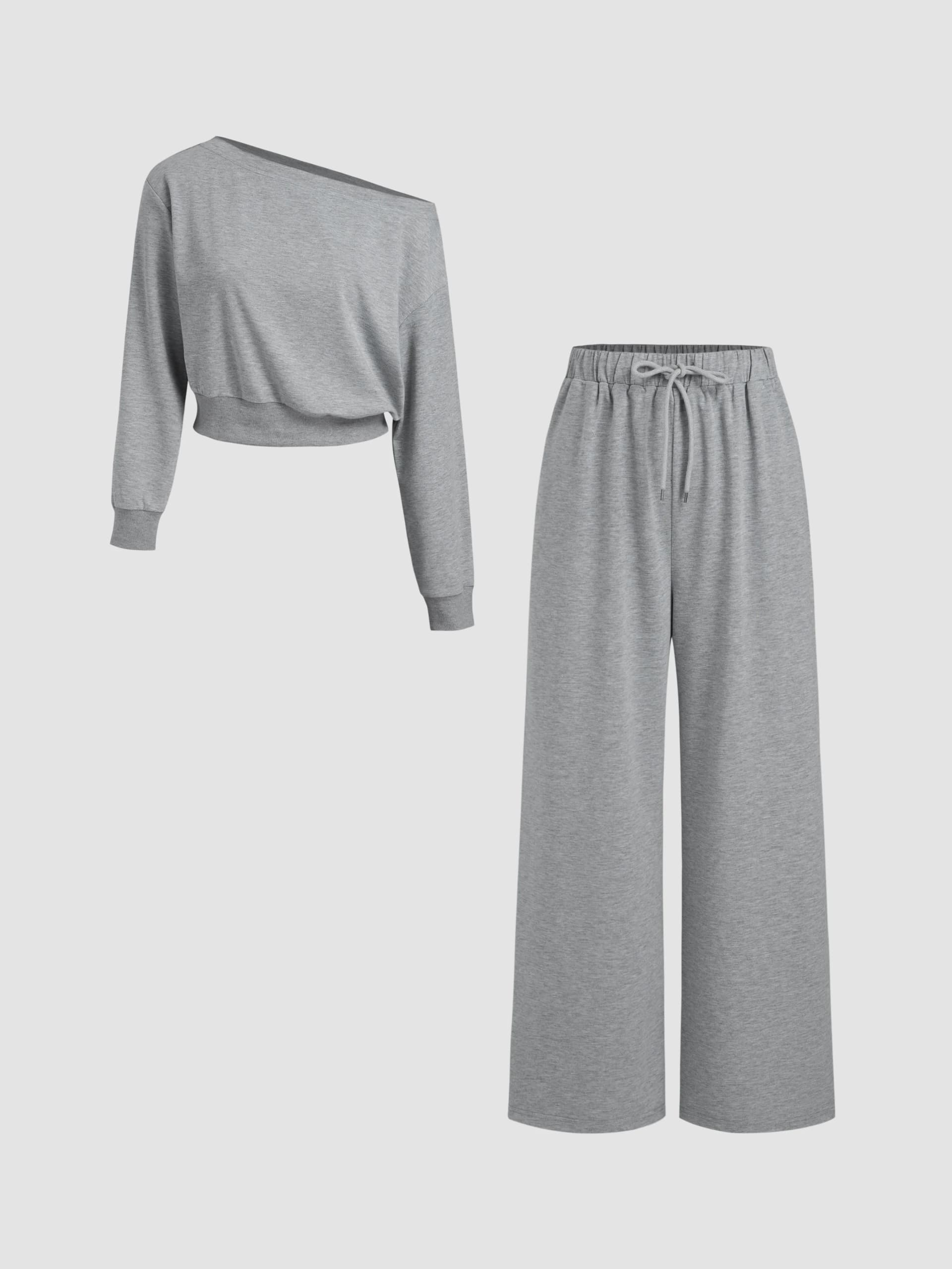Terry Asymmetrical Neck Solid Long Sleeve Crop Top & Mid Rise Elastic Waist Knotted Wide Leg Trousers Set - Image 1
