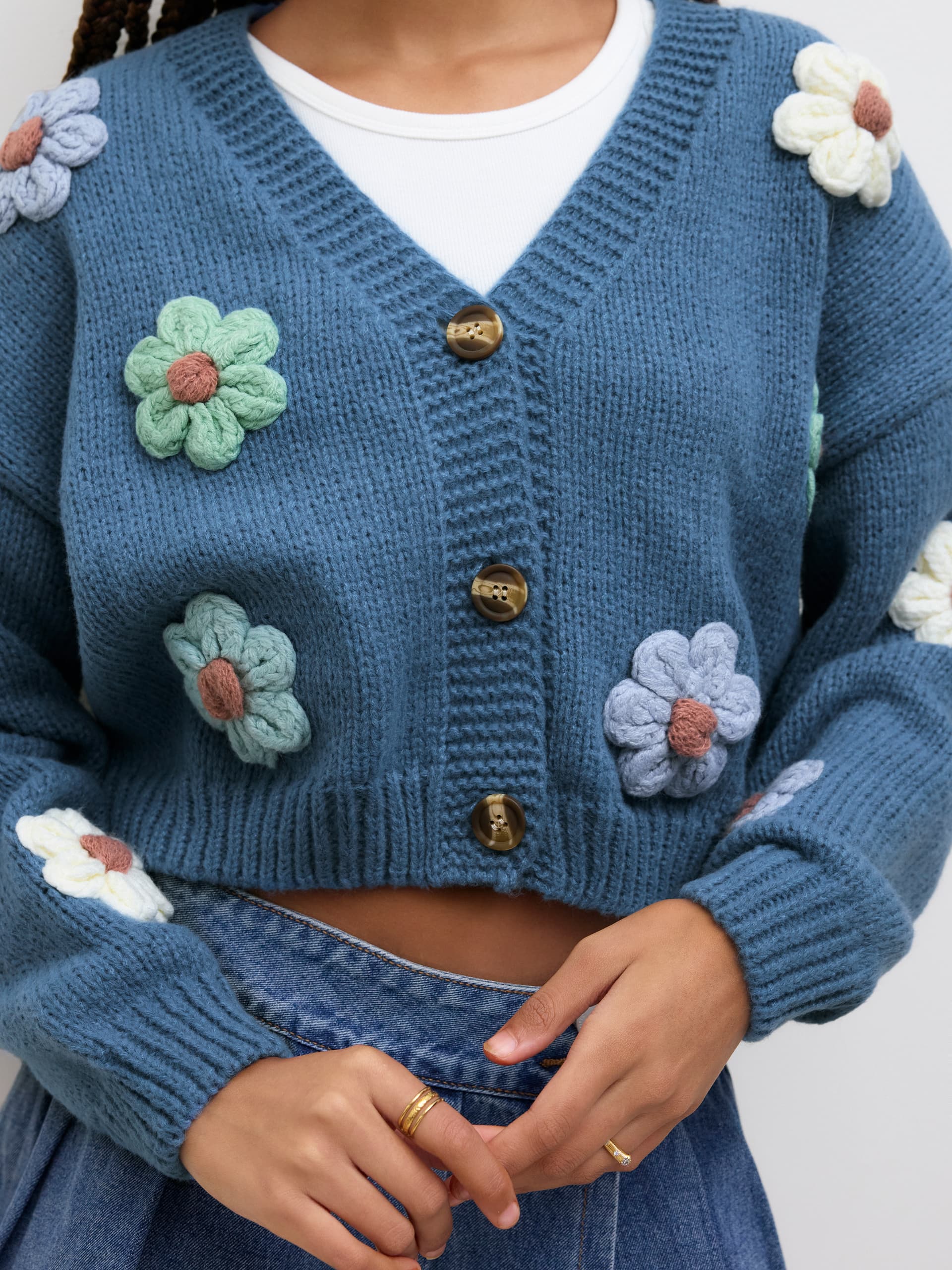 V-Ausschnitt Knopf Blumen Strickjacke thumbnail 3