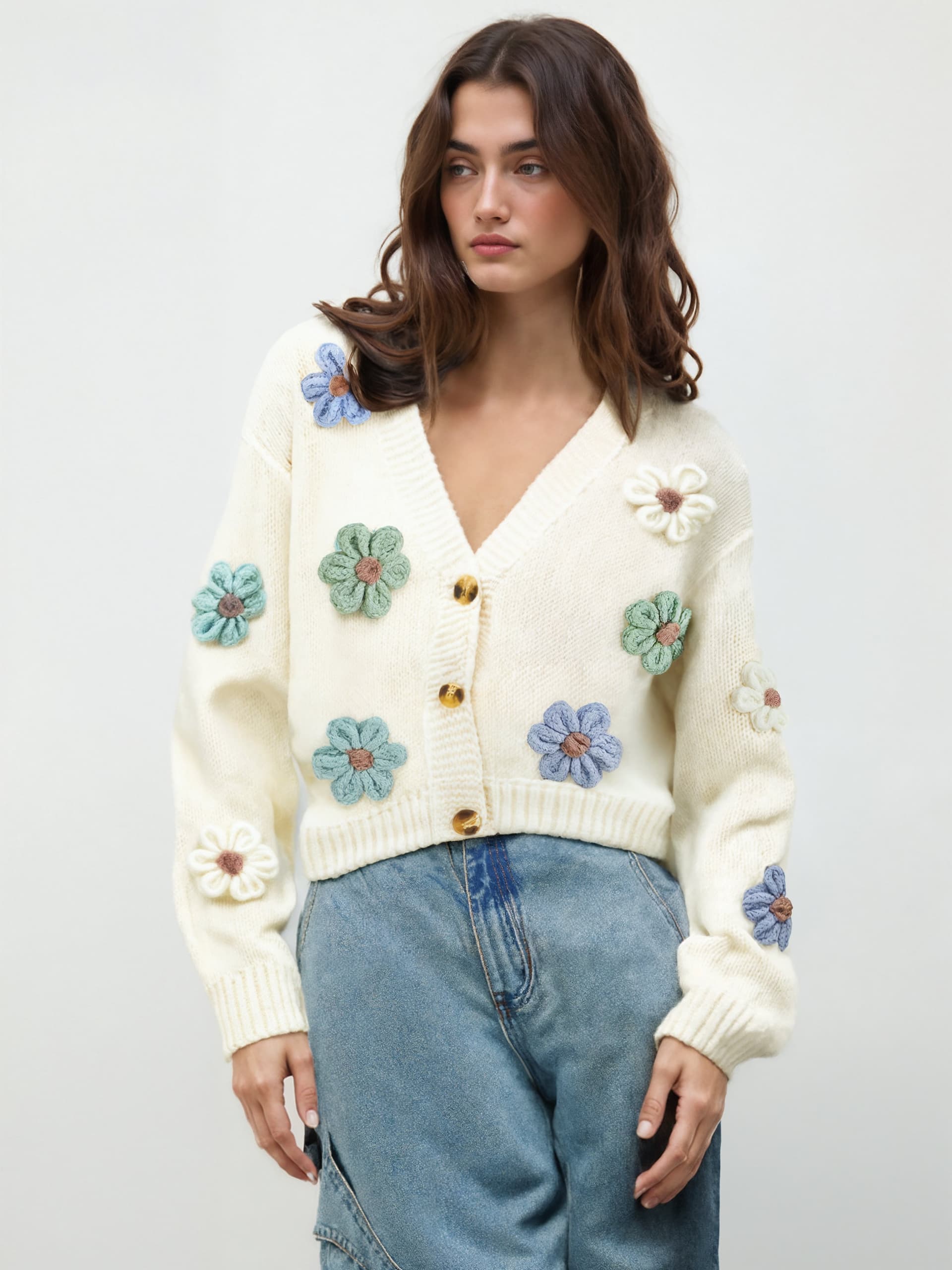 V-Ausschnitt Knopf Blumen Strickjacke thumbnail 2