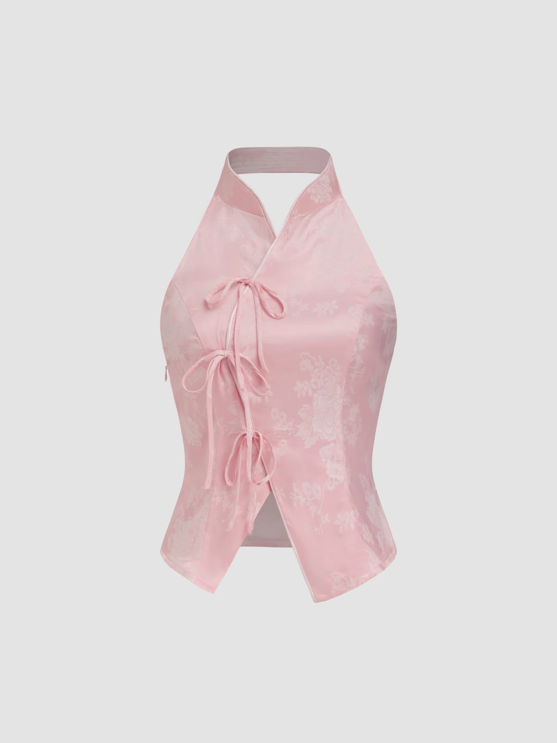 Jacquard Mandarin Collar Floral Bowknot Tank Top thumbnail 3