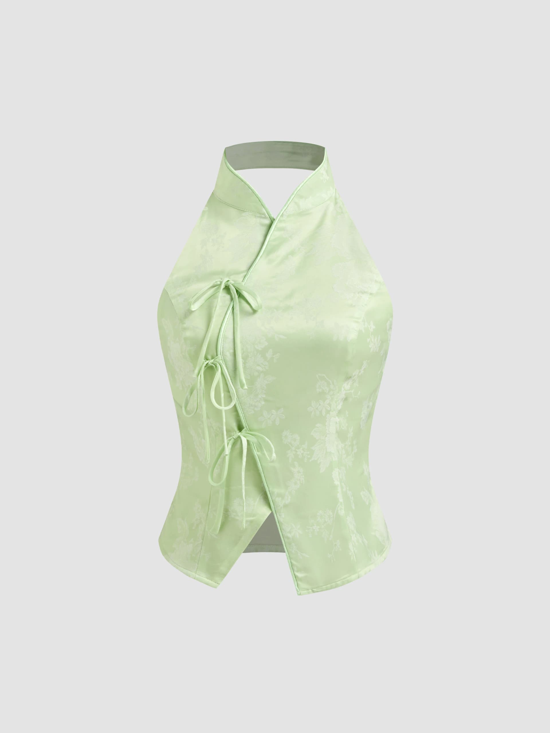 Jacquard Mandarin Collar Floral Bowknot Tank Top thumbnail 2