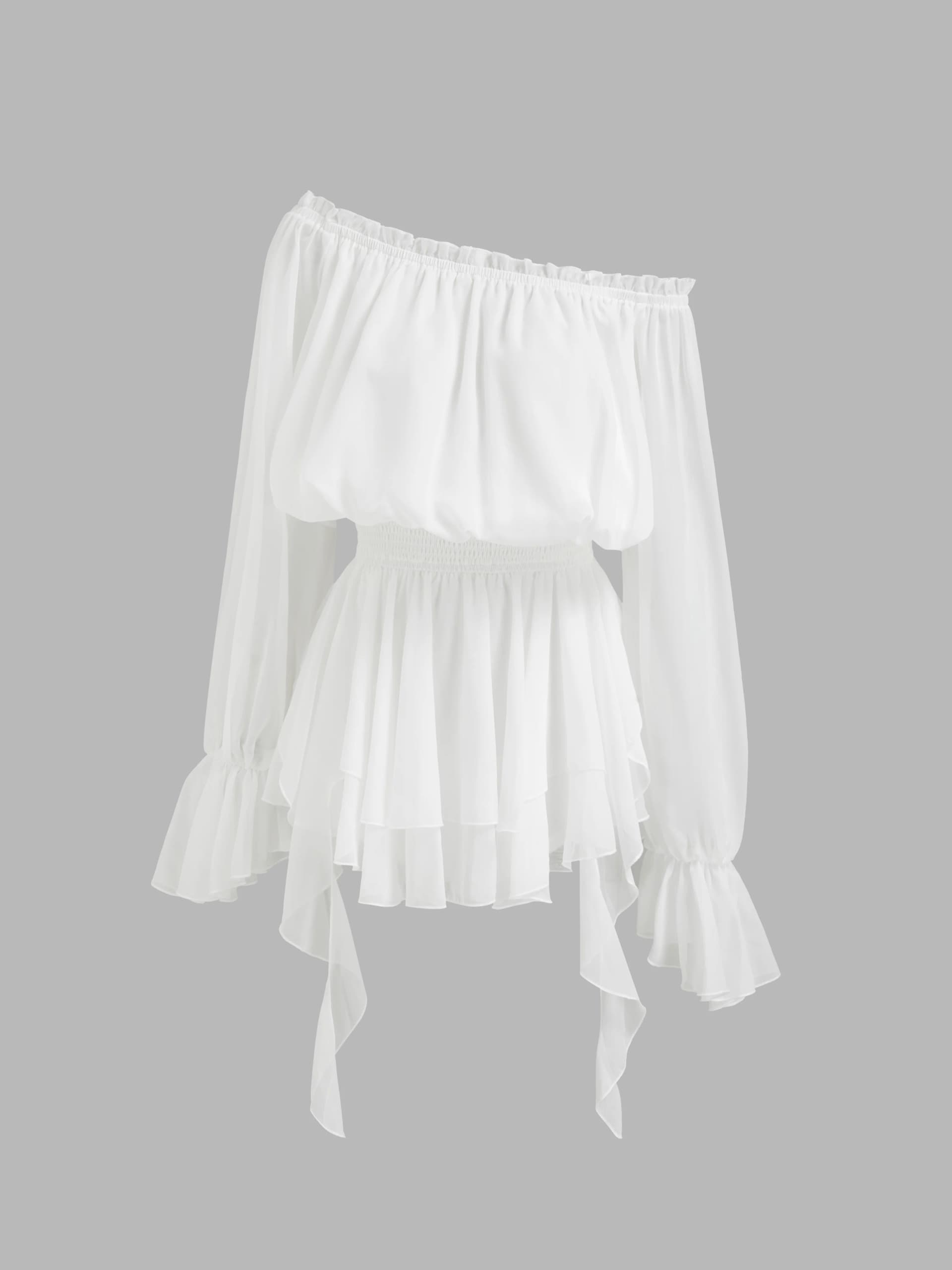 Off-shoulder Lantern Sleeve Asymmetrical Ruffle Hem Mini Dress - Image 1