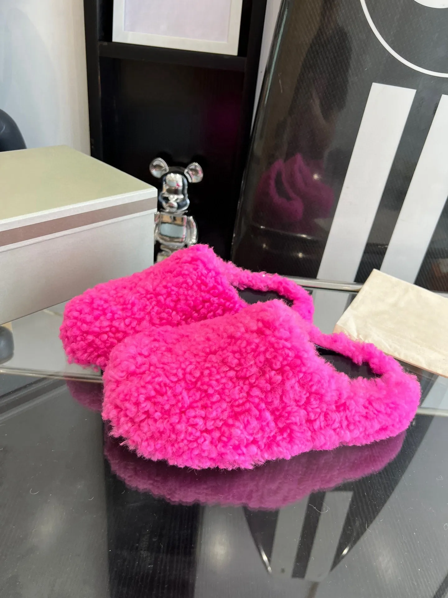 Mar Ted-dy bear fur slides fleece mules slippers winter warm comfortable shoes - Image 1