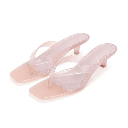NHBEOEN Jelly Thong Kitten Heeled Sandals for Women Clear Comfortable Square Open Toe Slip On Low Heels Flip Flop Mules Summer Transparent Beach Slides - Image 1