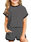 blibean Girls Summer Clothes Sets Kids Textured Striped Outfits Size 6-15 Years - Image 1