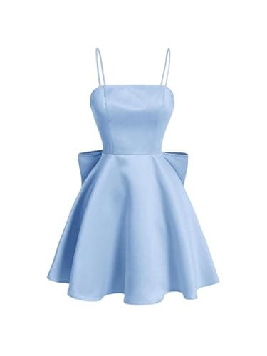 WDIRARA Women's Satin Bow Homecoming Dresses Spaghetti Strap Wedding Guest Gown Summer Mini Dress Blue - Image 1