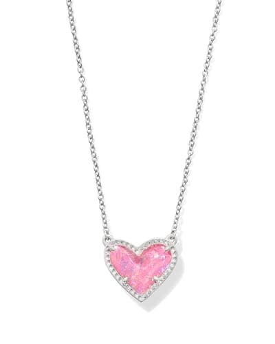 Kendra Scott Ari Heart Short Pendant Necklace in Pink Iridescent Glitter Glass, Rhodium-Plated Brass, Fashion Jewelry for Women - Image 1