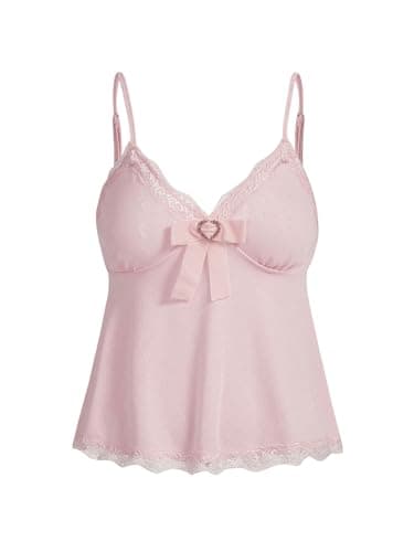 SHENHE Women's Y2K Lace Cami Coquette Bow Babydoll Top Heart Eyelet Cute Camisole Tank Top Pink Small - Image 1