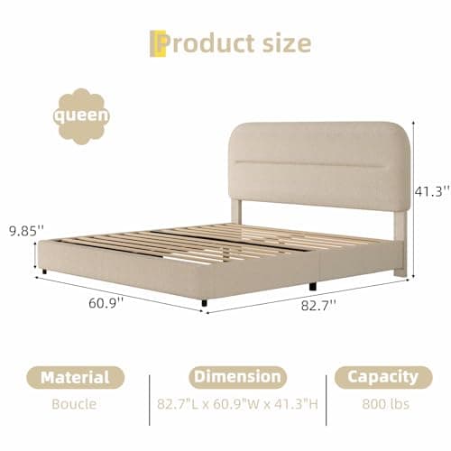 HOMBCK Bed Frame Queen Size, Boucle Upholstered Platform Queen Bed Frame with Headboard, Soft Headboard with Rounded Corners Design, Wood Slats, No Box Spring Required, Easy Assembly, Beige thumbnail 2