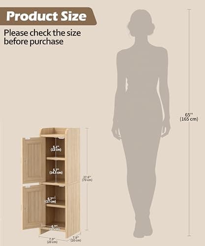 Akxomel Rattan Small Bathroom Cabinet with 2 Doors, 7.9''D x 7.9''W Narrow Toilet Paper Storage Cabinet, Bathroom Organizer for Small Spaces, Wooden Slim Corner Unit with Adjustable Shelf, Natural Oak thumbnail 2