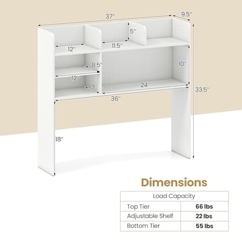Tangkula Desktop Bookshelf for Computer Up to 32”, 37” Countertop Storage Hutch with 6 Storage Shelves, 3-Tier Desktop Organizer Display Rack, Wooden Desk Hutch for Dorm Home Office (White) thumbnail 2