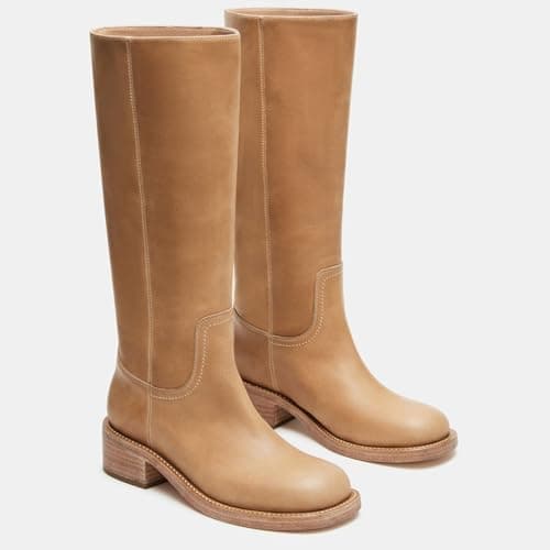 XBKXMK Tan Knee High Boots for Women Square Toe Chunky Block Heel Tall Boots Wide Calf Casual Comfortable Long Biker Boots Low Heel Womens Boots thumbnail 2