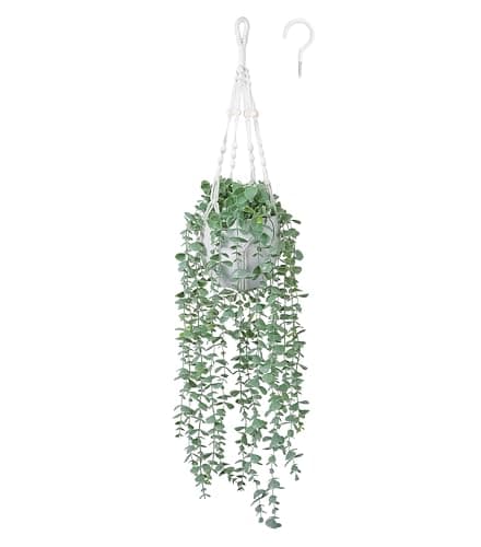 DREAMLOOM Fake Hanging Plants with Pot, Artificial Eucalyptus Hanging Plants with Macrame Hanger for Indoor Decor, Fake Hanging Vines Faux Greenery for Home Kitchen Office - Image 1