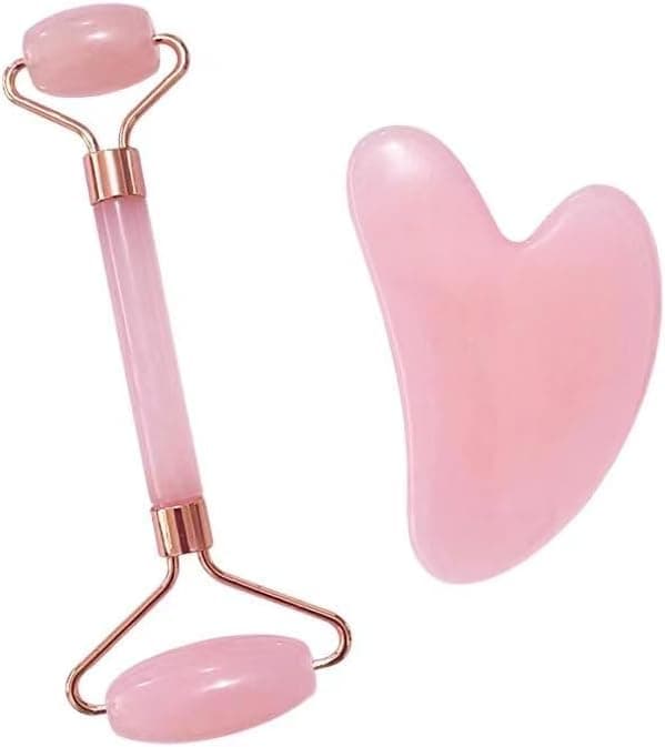 LGLAU Jade Roller and Gua Sha Stone Massage Tool Set, Natural Rose Quartz Jade Face Roller Stone for Skin Care Anti Aging, De-Puffing, Detoxifying, Brightening, and Refreshes Skin Tool (Pink) - Image 1