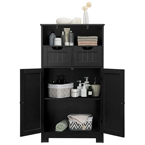 COSTWAY Bathroom Floor Cabinet, Wooden Storage Organizer with 2 Drawers & Adjustable Shelf, Freestanding Storage Cabinet for Living Room, Bathroom, Kitchen, Entryway, Black