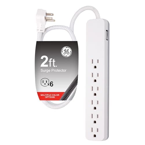 GE UltraPro 6 Outlet Surge Protector, 2 Ft Designer Braided Extension Cord, Flat Plug, Wall Mount, White, 45264 - Image 1