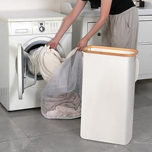 efluky Panier à Linge étroit 63L, Panier à Linge Mince avec Couvercle, Beige Bac à Linge Pliable avec Poignées en Bambou et sac Amovible pour Chambre, Salle de Bain, Buanderie - Beige - 63L thumbnail 2