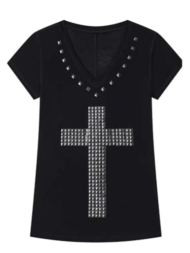 TYATVS Gyaru Clothes Oversized Cross Print T-Shirt Y2k Vintage Alt Scene Emo Clothes 2000s Clothing Grunge Harajuku (Medium,Black) thumbnail 5