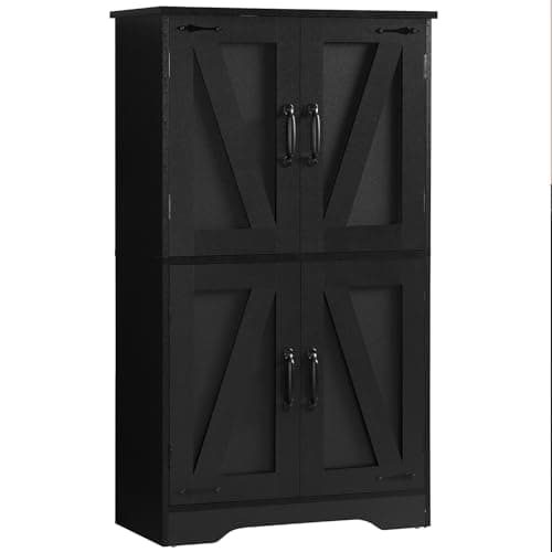 WEENFON Farmhouse Storage Cabinet, Bathroom Storage Cabinet with Doors, Freestanding Cabinet with Adjustable Shelves, Floor Storage, Black - Image 1