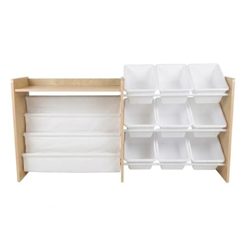 Humble Crew Toy Storage Organizer with Book Shelf and Top Shelf, 9 Removable Storage Bins for Kids Playroom, Toy Organization, Solid Wood, Natural/White - Image 1